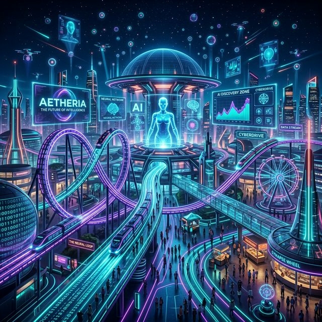 A neon-lit frontier intelligence landscape